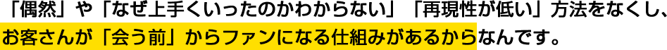 「偶然」や「なぜ上手くいったのかわからない」「再現性が低い」方法をなくし、お客さんが「会う前」からファンになる仕組みがあるからなんです。
