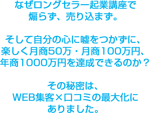 「なぜ、１６人中１５名も、月３０万〜１００万以上を達成したのか？」その秘密は、WEB集客×口コミの最大化にありました。